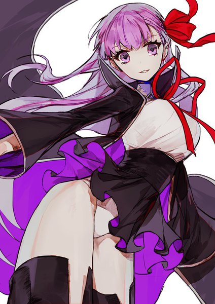 Anime picture 707x1000 with fate (series) fate/extra fate/extra ccc bb (fate) (all) bb (fate/extra) mo (mocopo) single long hair tall image looking at viewer fringe light erotic white background purple eyes purple hair from below girl skirt ribbon (ribbons) hair ribbon