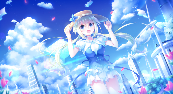 Anime-Bild 2200x1200 mit original sakakidani single long hair looking at viewer blush fringe highres open mouth blue eyes hair between eyes wide image standing twintails payot sky silver hair cloud (clouds) outdoors :d