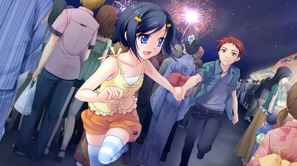 Anime picture 1280x720 with astraythem ginta short hair open mouth blue eyes black hair brown hair wide image game cg couple holding hands girl thighhighs boy shorts striped thighhighs