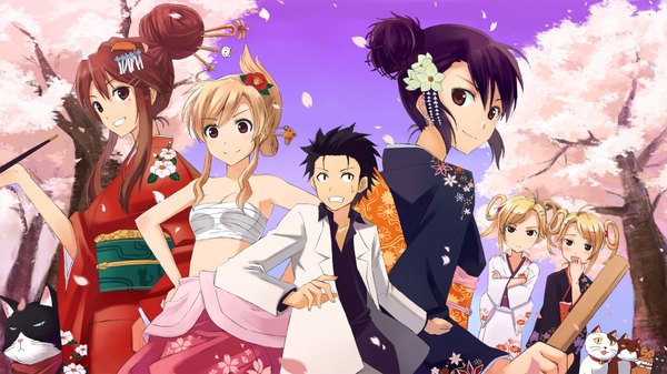 Anime picture 1920x1080 with nyan koi mizuno kaede kirishima akari sumiyoshi kanako kirishima kotone nyamsas kousaka junpei ichinose nagi nishikawa ari long hair highres short hair blonde hair smile brown hair wide image brown eyes traditional clothes japanese clothes hair flower