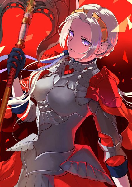 Anime picture 1000x1416 with fire emblem fire emblem: three houses fire emblem warriors: three hopes nintendo edelgard von hresvelg nishikawa (fe) single long hair tall image looking at viewer standing purple eyes holding payot silver hair wind girl gloves weapon black gloves
