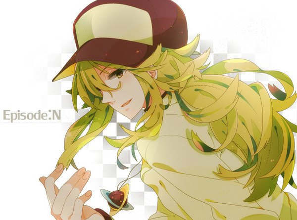 Anime picture 1380x1024 with pokemon pokemon black and white nintendo n (pokemon) nicole (usako) single long hair looking at viewer fringe open mouth smile white background green eyes profile green hair hair over one eye character names checkered checkered background boy