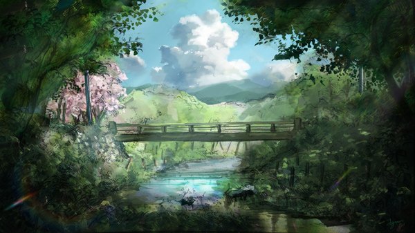 Anime picture 1920x1080 with original niko p highres wide image wallpaper cherry blossoms no people landscape scenic river plant (plants) tree (trees) bridge