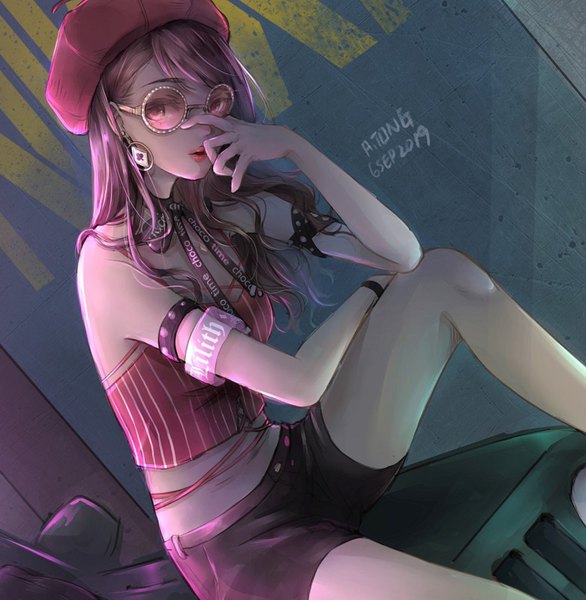 Anime picture 781x800 with miracle nikki a.tong single long hair tall image looking at viewer sitting signed purple hair midriff lipstick dated red lipstick fashion girl earrings shorts bracelet beret sunglasses