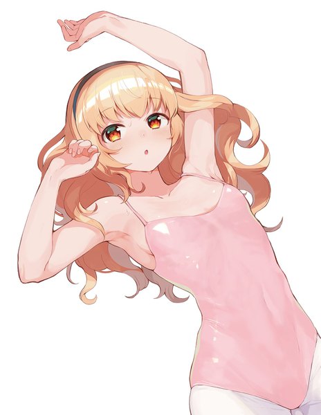 Anime picture 1200x1550 with original konbu wakame single long hair tall image blush open mouth light erotic simple background blonde hair white background bare shoulders arm up orange eyes covered navel looking up girl pantyhose headband leotard