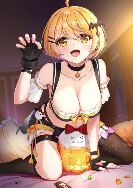 Anime picture 1063x1500 with virtual youtuber hololive yozora mel yozora mel (2nd costume) skyrail (skynetrailgun) single tall image looking at viewer short hair breasts open mouth light erotic blonde hair large breasts sitting yellow eyes nail polish :d arm support official alternate costume