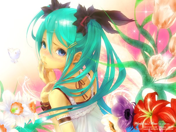 Anime picture 1600x1200 with vocaloid world is mine (vocaloid) hatsune miku redjuice single long hair blush highres blue eyes twintails bare shoulders nail polish aqua eyes green hair aqua hair wallpaper tears girl hair ornament flower (flowers)