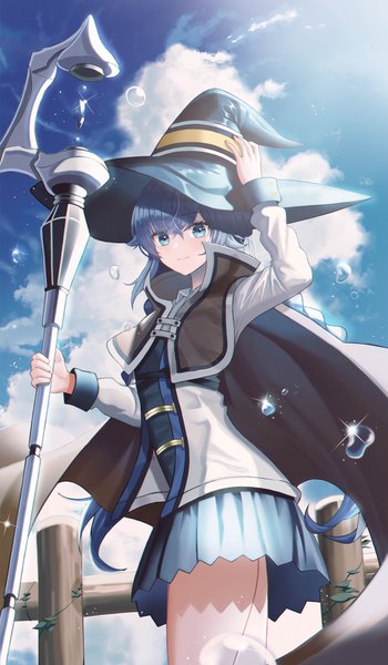 Anime picture 4739x8125 with mushoku tensei studio bind roxy migurdia poise single long hair tall image looking at viewer blush fringe highres blue eyes hair between eyes holding blue hair absurdres sky cloud (clouds) outdoors long sleeves