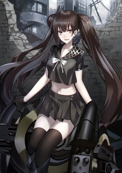 Anime picture 1075x1520 with girls frontline ouroboros (girls frontline) shiguru single long hair tall image looking at viewer fringe open mouth black hair hair between eyes sitting twintails payot outdoors pleated skirt short sleeves hair bun (hair buns) zettai ryouiki snowing