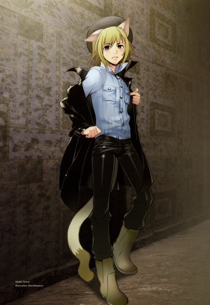 Anime picture 900x1302 with lamento nitro+chiral konoe single tall image blonde hair standing brown eyes animal ears tail animal tail cat ears cat tail undressing boy hat shirt jacket coat wall