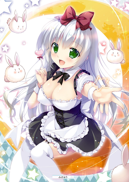 Anime picture 1451x2048 with alice or alice rise (alice or alice) mikeou single long hair tall image looking at viewer blush fringe breasts open mouth light erotic hair between eyes large breasts green eyes cleavage silver hair scan maid covered nipples