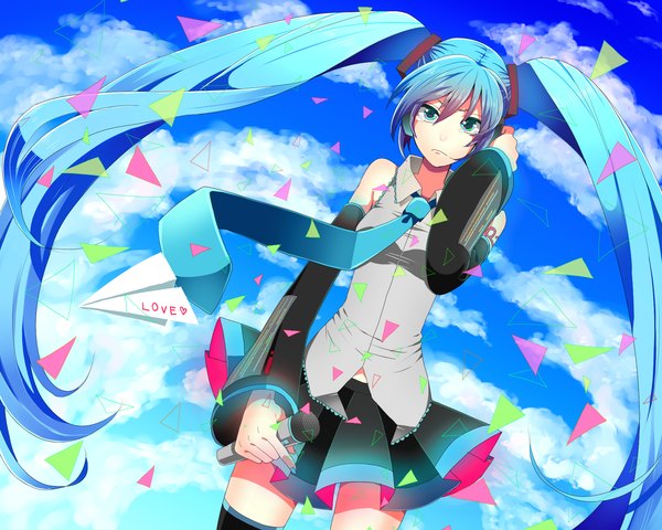 Anime picture 2000x1600 with vocaloid hatsune miku somezima single highres twintails sky cloud (clouds) very long hair aqua eyes aqua hair girl thighhighs skirt black thighhighs detached sleeves necktie microphone paper airplane