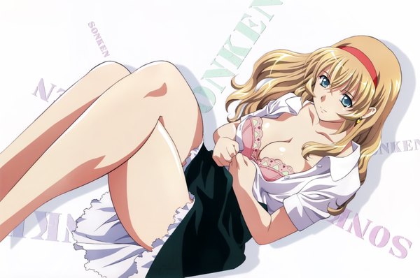 Anime picture 6704x4457 with ikkitousen sonken chuubou rin sin single long hair highres breasts blue eyes light erotic blonde hair absurdres scan open clothes official art open shirt crossed legs girl skirt shirt lingerie