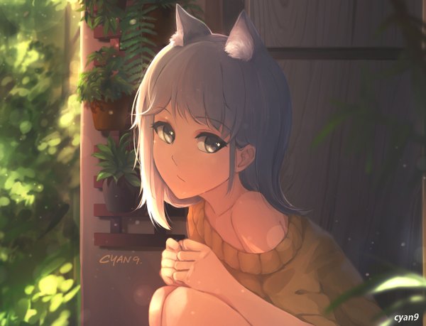 Anime picture 1286x984 with original osward91 single long hair tall image blush sitting bare shoulders signed looking away bent knee (knees) outdoors tail head tilt animal tail barefoot grey hair sunlight cat girl lens flare