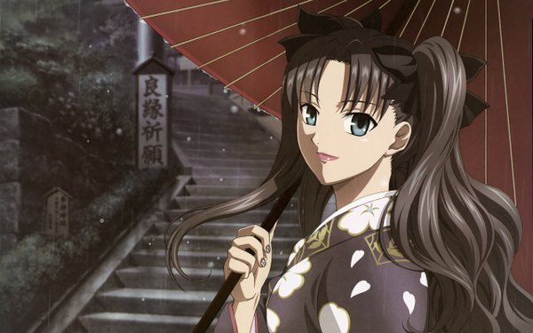 Anime picture 2560x1600 with fate (series) fate/stay night studio deen type-moon toosaka rin long hair highres blue eyes black hair wide image twintails japanese clothes scan rain girl ribbon (ribbons) kimono umbrella