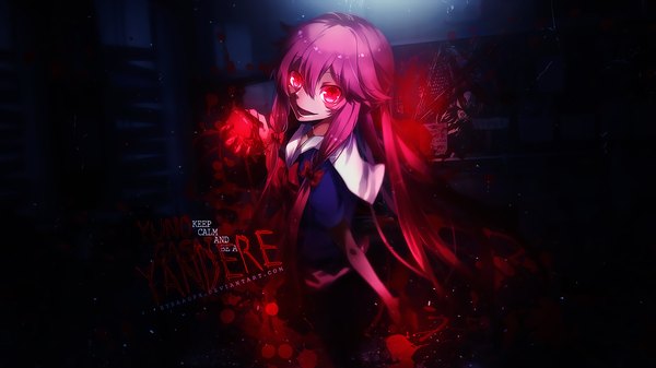 Anime picture 1920x1080 with mirai nikki gasai yuno eysaa appleruby single long hair looking at viewer fringe highres open mouth smile hair between eyes wide image pink hair pink eyes from above wallpaper character names dark background girl