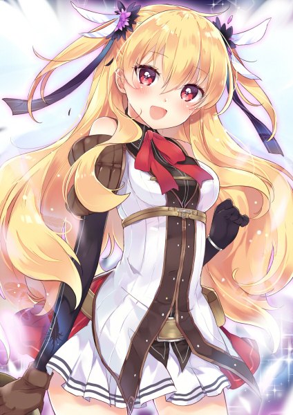 Anime picture 848x1200 with eiyuu densetsu falcom (studio) alisa leinfort touyama soboro single long hair tall image looking at viewer blush fringe breasts open mouth blonde hair red eyes pleated skirt happy girl skirt gloves hair ornament