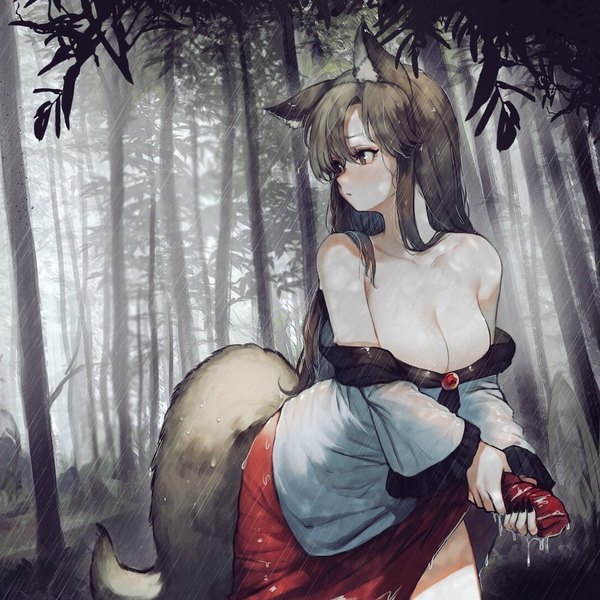 Anime picture 1079x1079 with touhou imaizumi kagerou heoningu single long hair blush fringe breasts light erotic hair between eyes brown hair large breasts standing bare shoulders brown eyes animal ears payot cleavage tail animal tail