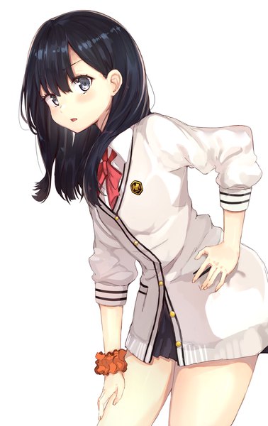 Anime picture 2508x3977 with gridman universe ssss.gridman studio trigger takarada rikka ranf single long hair tall image looking at viewer blush fringe highres open mouth blue eyes black hair simple background hair between eyes standing white background pleated skirt