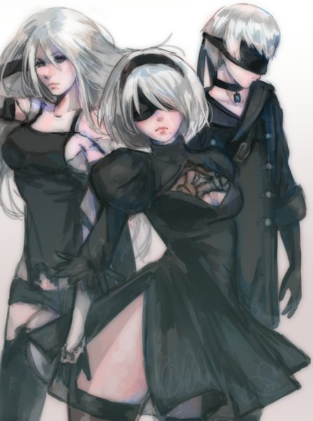 Anime picture 1271x1705 with nier nier:automata yorha no. 2 type b yorha type a no. 2 yorha no. 9 type s nvalkyrja long hair tall image short hair breasts standing multiple girls looking away silver hair head tilt lips mole puffy sleeves adjusting hair side slit