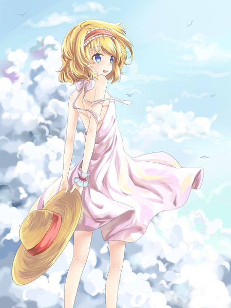 Anime picture 1920x2560 with touhou alice margatroid transistor (poppy) poppy (poppykakaka) single tall image highres short hair blue eyes blonde hair cloud (clouds) girl hat hairband sundress