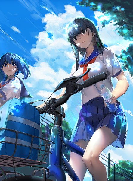 Anime picture 737x1000 with original guratan (artist) long hair tall image fringe short hair breasts open mouth blue eyes black hair multiple girls holding brown eyes blue hair sky cloud (clouds) bent knee (knees) outdoors blunt bangs parted lips
