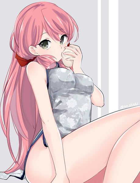 Anime picture 800x1044 with kantai collection akashi repair ship ica single long hair tall image looking at viewer blush fringe breasts light erotic simple background hair between eyes sitting bare shoulders green eyes signed pink hair bent knee (knees) traditional clothes