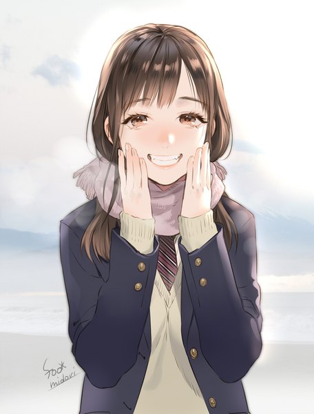 Anime picture 837x1100 with original midori foo single long hair tall image looking at viewer blush fringe smile brown hair standing brown eyes signed sky cloud (clouds) upper body outdoors teeth beach grin