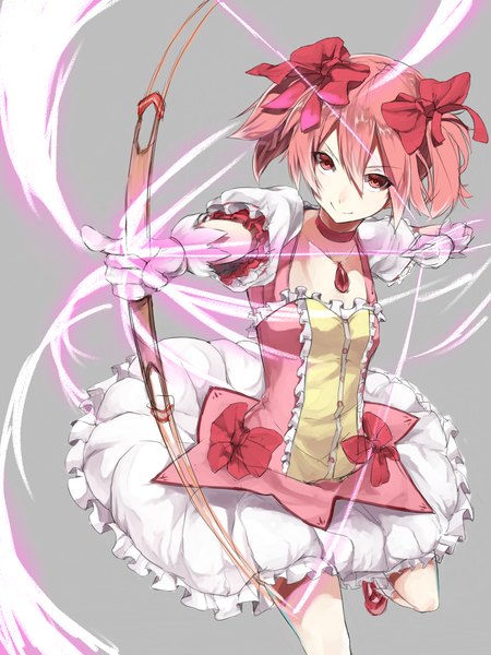 Anime picture 1200x1600 with mahou shoujo madoka magica shaft (studio) kaname madoka hajime kaname single tall image short hair smile red eyes twintails pink hair short twintails girl dress gloves bow pendant bow (weapon)