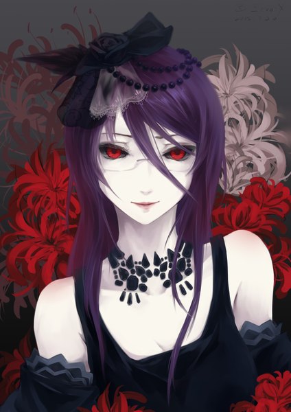 Anime picture 1447x2047 with tokyo ghoul studio pierrot kamishiro rize bzerox single long hair tall image looking at viewer simple background smile red eyes bare shoulders purple hair grey background white skin black sclera girl hair ornament flower (flowers) choker