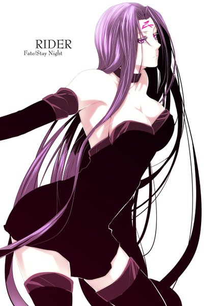 Anime picture 1000x1376 with fate (series) fate/stay night studio deen type-moon rider pizaya single long hair tall image breasts light erotic simple background standing white background purple eyes bare shoulders purple hair very long hair inscription face paint