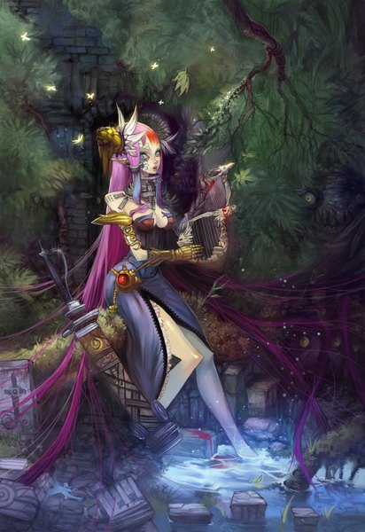 Anime picture 1200x1745 with original elsevilla single tall image breasts blue eyes large breasts sitting bare shoulders pink hair very long hair lips pointy ears tattoo girl dress boy gloves plant (plants) sword