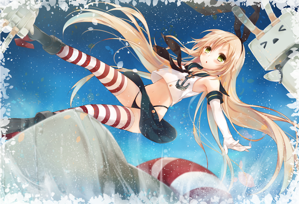 Anime picture 1091x746 with kantai collection shimakaze destroyer rensouhou-chan komeshiro kasu single long hair looking at viewer blush open mouth light erotic blonde hair bare shoulders green eyes animal ears bare belly :o spread arms striped falling girl