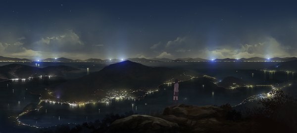 Anime picture 1500x677 with original shiira single wide image standing sky cloud (clouds) from behind night city horizon cityscape mountain landscape scenic city lights girl