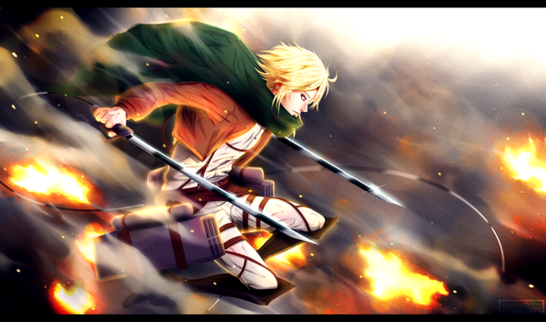 Anime picture 1024x605 with shingeki no kyojin vocaloid production i.g yohioloid kortrex short hair blonde hair red eyes wide image holding profile letterboxed smoke cosplay dual wielding boy uniform weapon sword belt