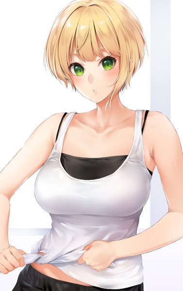 Anime picture 1689x2687 with idolmaster idolmaster cinderella girls miyamoto frederica khanka shui single tall image looking at viewer blush fringe short hair breasts blonde hair simple background large breasts standing white background green eyes parted lips sleeveless girl