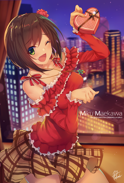 Anime picture 740x1090 with idolmaster idolmaster cinderella girls maekawa miku fukai ryosuke single tall image looking at viewer short hair open mouth brown hair bare shoulders green eyes signed one eye closed hair flower wink plaid skirt valentine paw pose girl