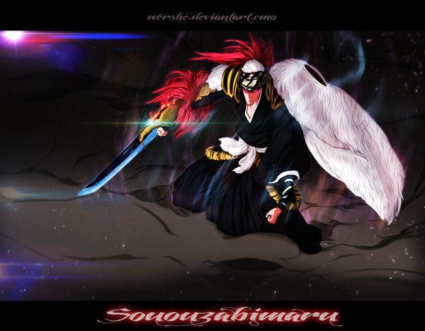 Anime picture 2800x2188 with bleach studio pierrot abarai renji wershe single long hair highres red eyes red hair traditional clothes japanese clothes coloring light boy weapon belt kimono fur bandana huge weapon