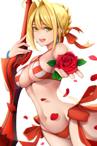 Anime picture 800x1200 with fate (series) fate/grand order nero claudius (fate) (all) nero claudius (swimsuit caster) (fate) dydydyok single tall image looking at viewer fringe short hair breasts open mouth light erotic simple background blonde hair hair between eyes large breasts standing white background holding
