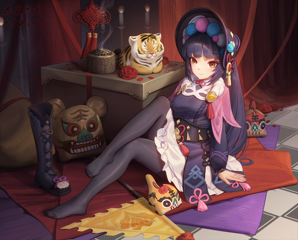 Anime picture 5181x4172 with genshin impact yun jin (genshin impact) sarena single long hair looking at viewer fringe highres black hair smile sitting brown eyes absurdres full body bent knee (knees) indoors blunt bangs arm support shoes removed girl