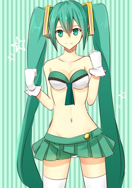 Anime picture 2893x4092 with vocaloid hatsune miku koyaya (sorano) single long hair tall image looking at viewer blush highres light erotic smile twintails bare shoulders cleavage aqua eyes aqua hair bare belly green background striped background girl