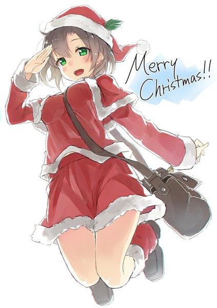 Anime picture 827x1169 with original nanahara fuyuki single tall image looking at viewer blush short hair brown hair green eyes inscription christmas jumping merry christmas salute girl hat shoes bag santa claus hat santa claus costume