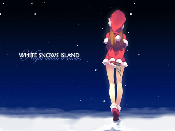 Anime picture 1024x768 with original murakami suigun single long hair brown hair from behind inscription night bare legs wallpaper legs snowing christmas winter snow hands behind back walking kneepits girl gift