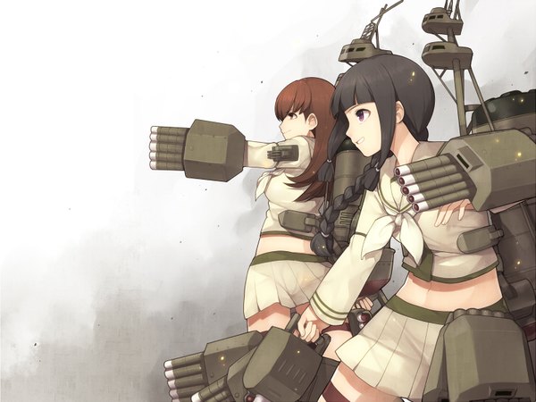 Anime picture 1600x1200 with kantai collection hitoto long hair black hair simple background smile brown hair purple eyes multiple girls brown eyes braid (braids) profile girl skirt navel weapon 2 girls serafuku gun