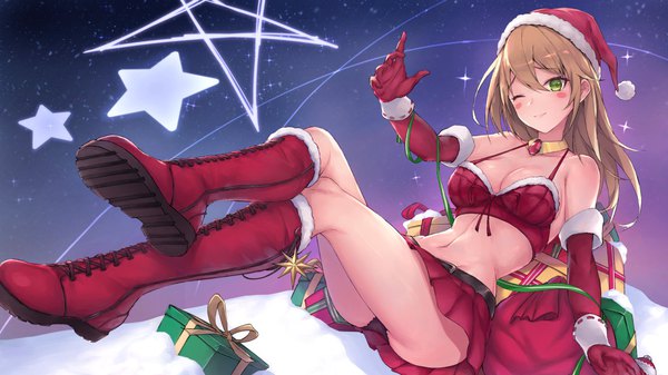 Anime picture 1180x664 with yu-gi-oh! dark magician girl parfaitlate single long hair fringe breasts light erotic blonde hair hair between eyes wide image sitting green eyes cleavage one eye closed sparkle pantyshot fur trim crossed legs outstretched arm