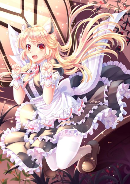 Anime picture 661x935 with original villyane single long hair tall image blush open mouth blonde hair red eyes animal ears cat ears maid girl dress uniform frills