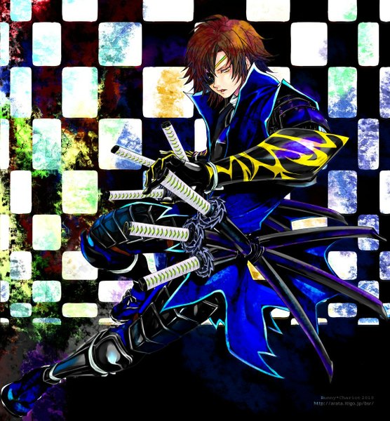 Anime picture 1134x1223 with sengoku basara production i.g date masamune aratako single tall image short hair open mouth brown hair signed yellow eyes checkered background boy gloves weapon sword armor eyepatch