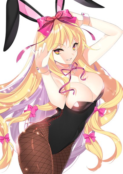 Anime picture 650x919 with touhou yakumo yukari roh nam kyung single long hair tall image looking at viewer fringe breasts light erotic simple background blonde hair smile hair between eyes large breasts standing white background animal ears yellow eyes cleavage