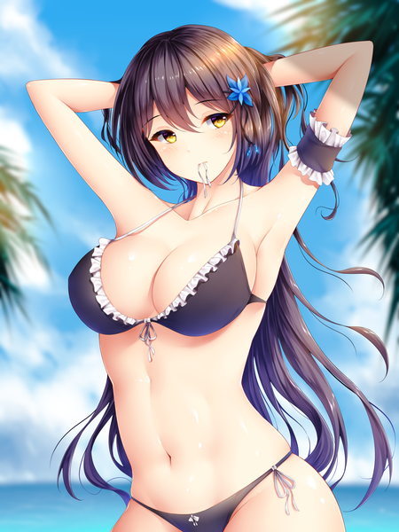 Anime picture 3000x4000 with original wsman single long hair tall image looking at viewer blush fringe highres breasts light erotic black hair hair between eyes large breasts standing holding yellow eyes sky cleavage cloud (clouds)