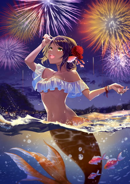 Anime picture 1447x2046 with original ichino tomizuki single tall image blush fringe short hair breasts open mouth light erotic black hair smile bare shoulders brown eyes cloud (clouds) outdoors braid (braids) nail polish :d multicolored hair